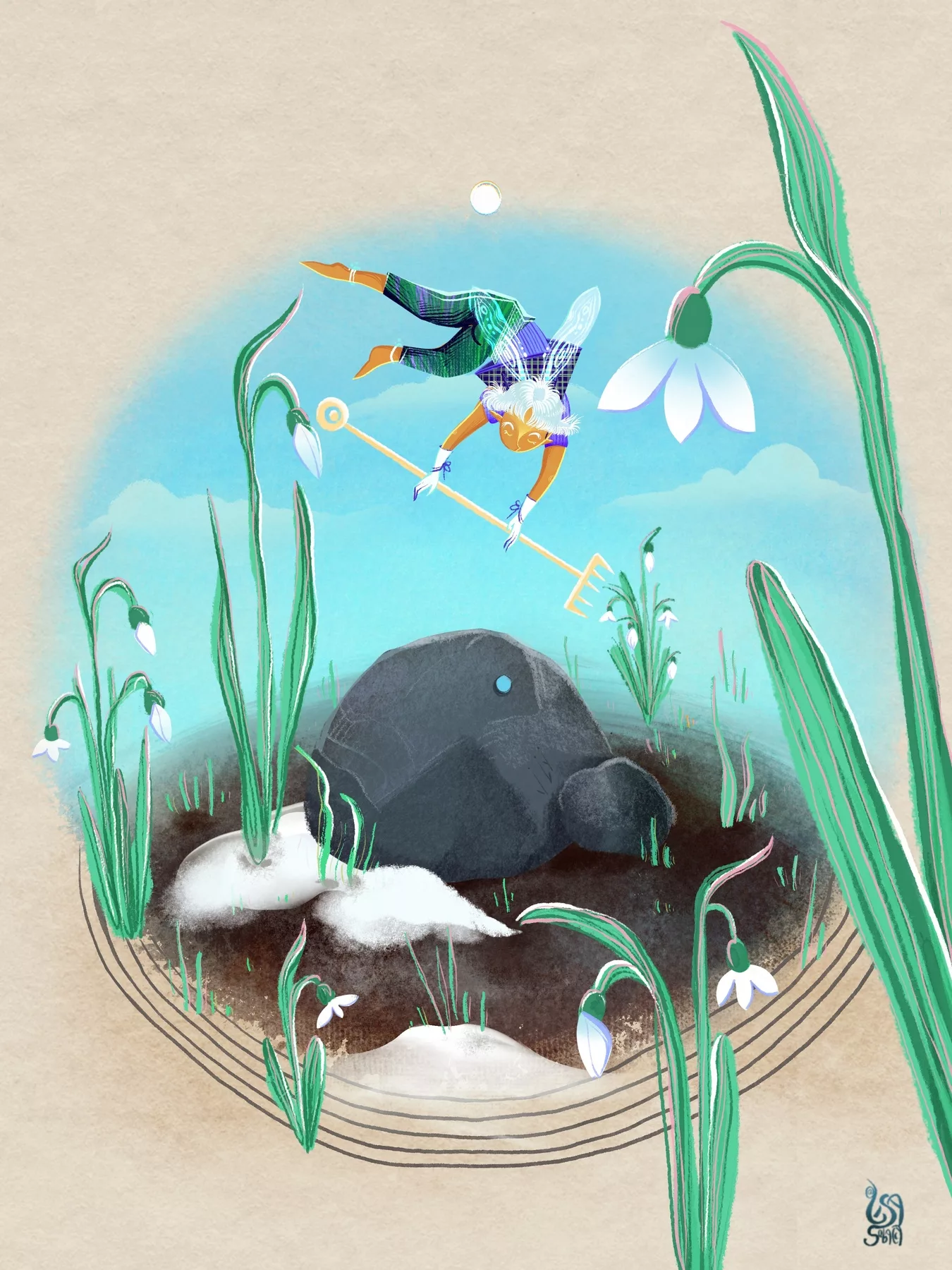 Cute Pixie the gardener tending to the field of snowdrops that arise from the snow childrens book illustration