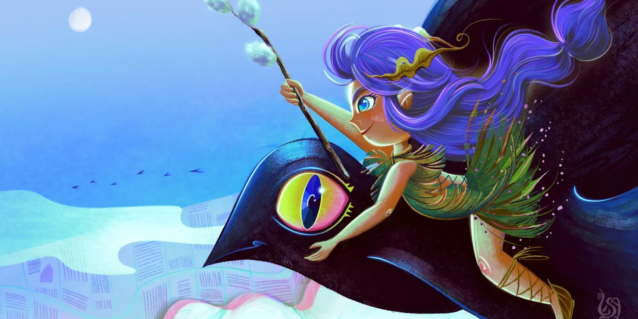 Violet hair fairy girl wrapped in leaves with a stick with furry catkins in her hand flying on a giant crow with shining yellow eye, a beautiful bird-eye view on the background