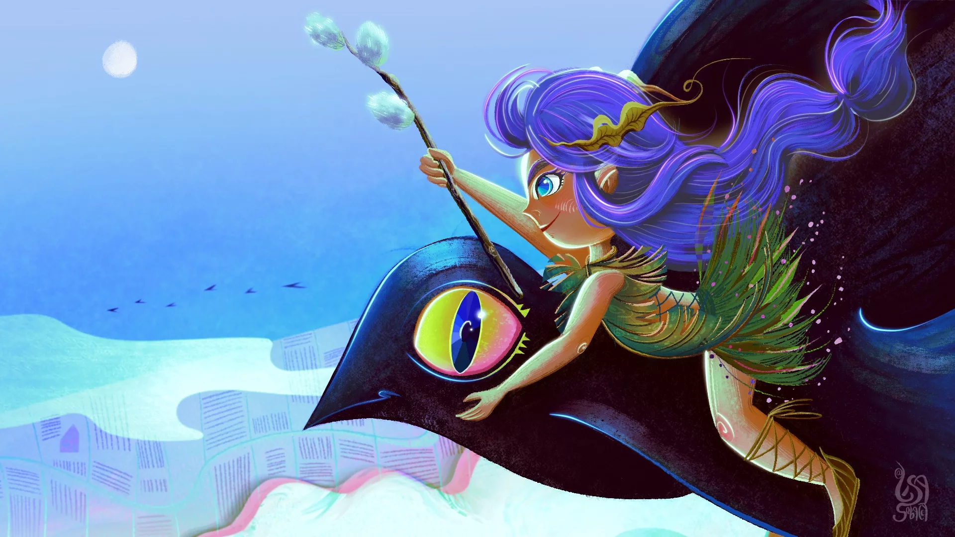 Violet hair fairy girl wrapped in leaves with a stick with furry catkins in her hand flying on a giant crow with shining yellow eye, a beautiful bird-eye view on the background