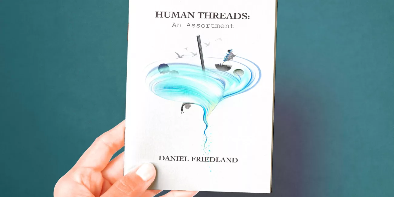 Human Threads real life mockup with hands holding a poetry n novels book with an abstract artwork of a swirl of blue mass on the cover