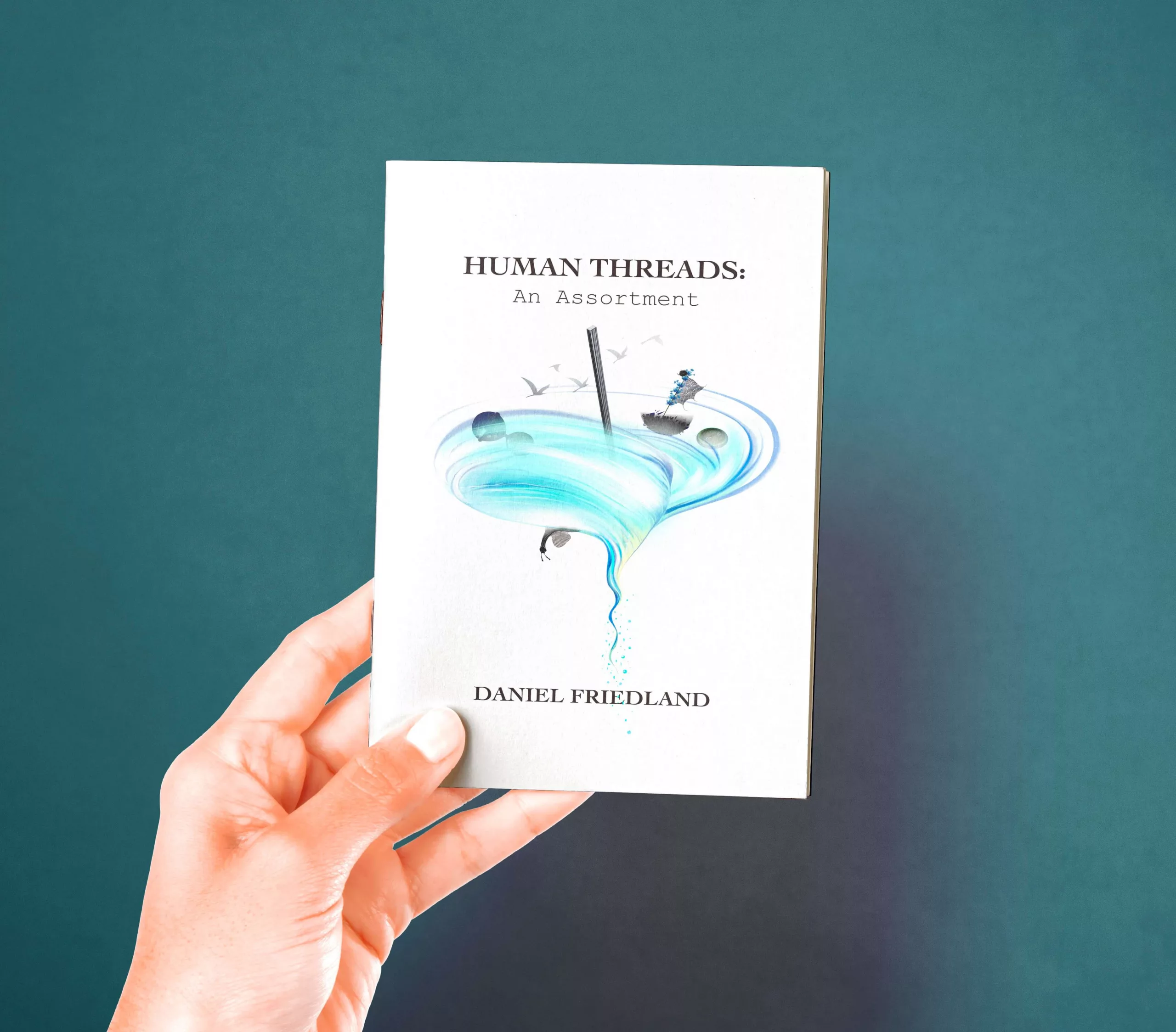 Human Threads real life mockup with hands holding a poetry n novels book with an abstract artwork of a swirl of blue mass on the cover