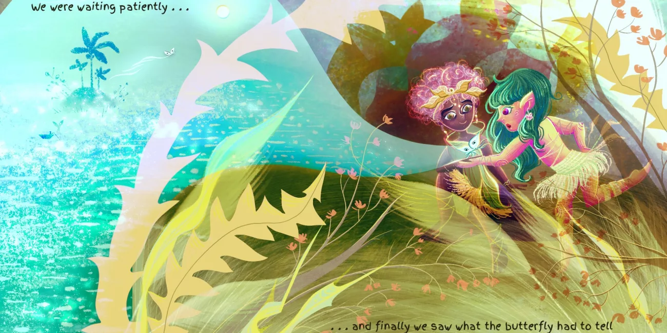 Little butterfly jungle illustration with cute girls watching the butterfly's journey