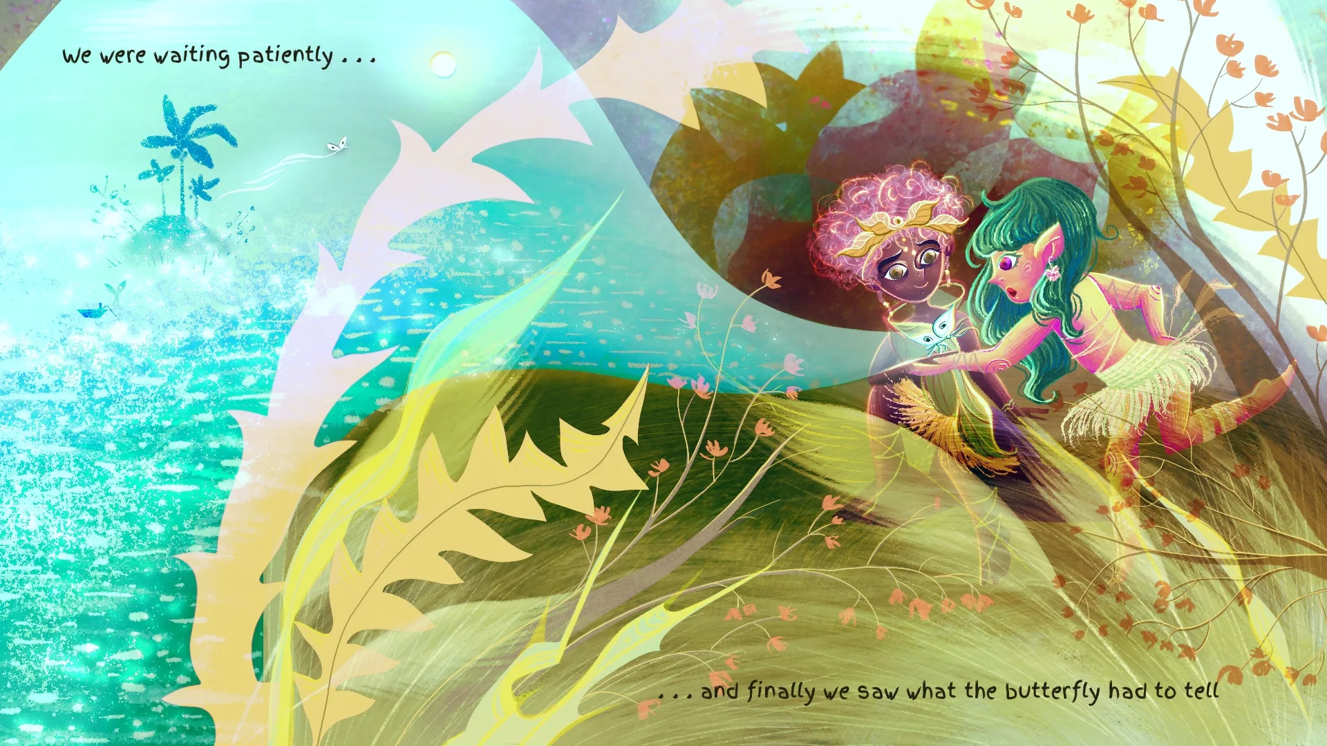 Little butterfly jungle illustration with cute girls watching the butterfly's journey