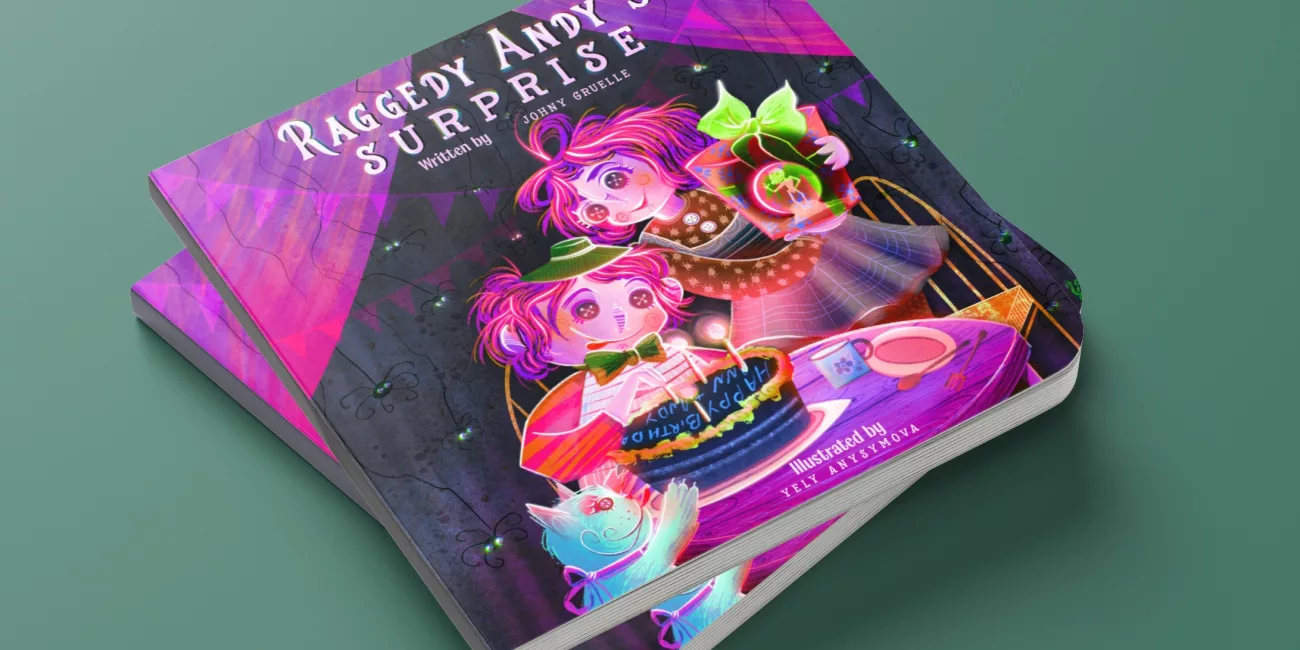 Raggedy Andy's surprise Halloween birthday party book cover mockup