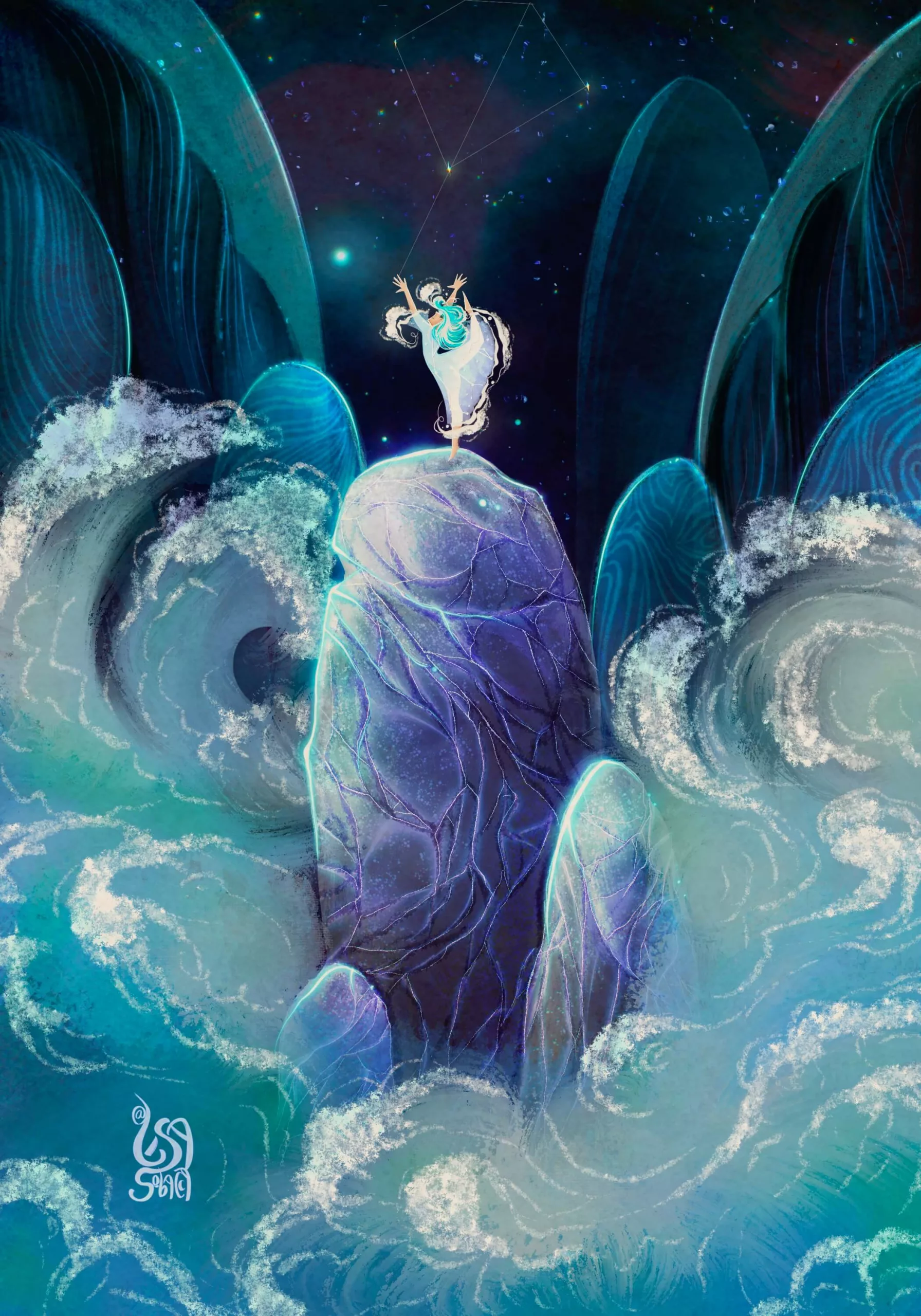 Song of the sea little blue haired mermaid fantasy childrens book illustration